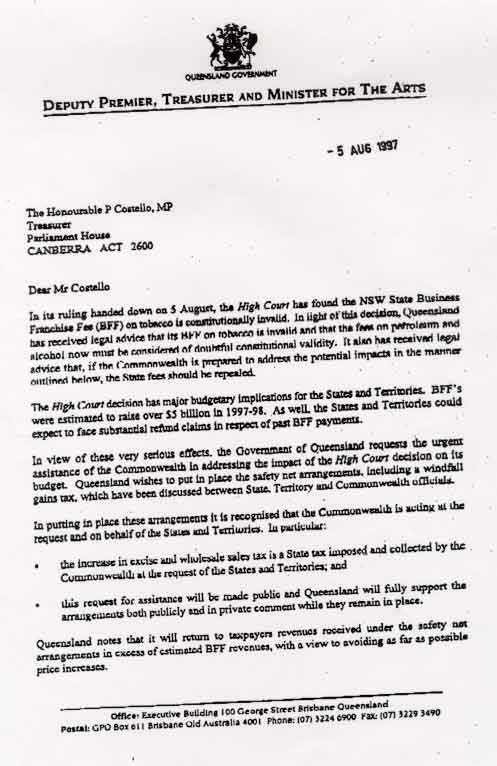 Letter from then Deputy Premier and Treasurer of Queensland, Joan Sheldon (page 1)