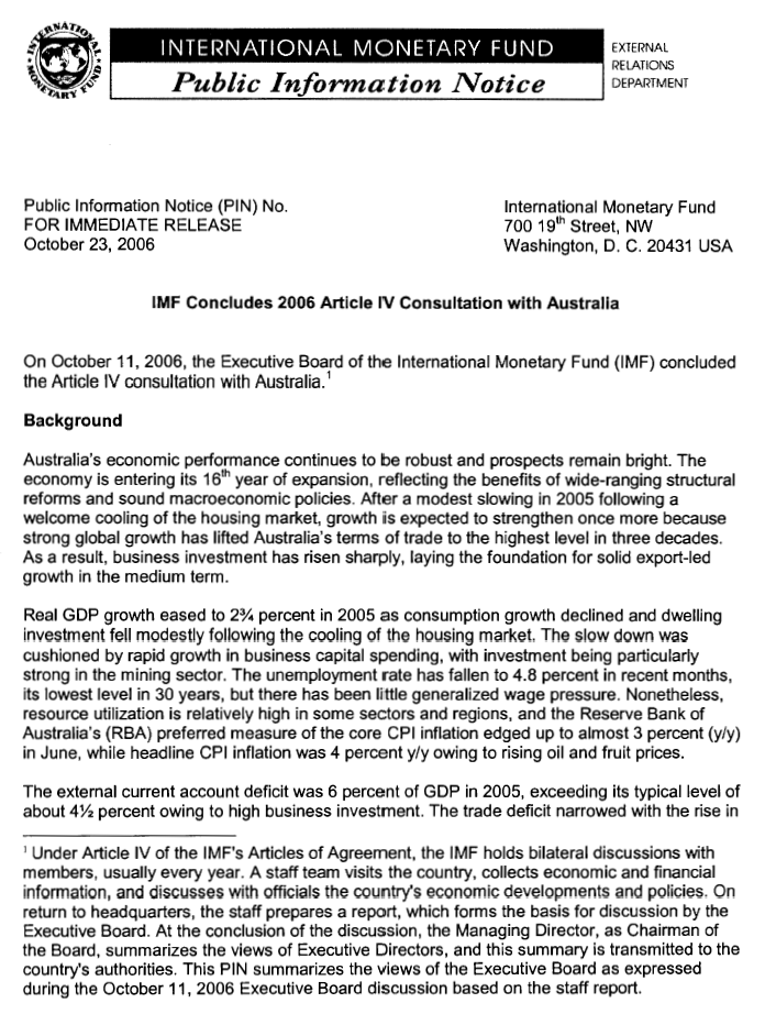 Scanned copy of the IMF's Public Information Notice - Consultation with Australia, page 1