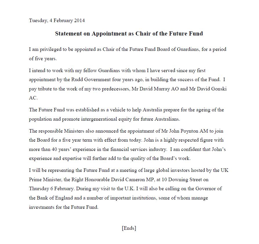 Statement on Appointment as Chair of the Future Fund